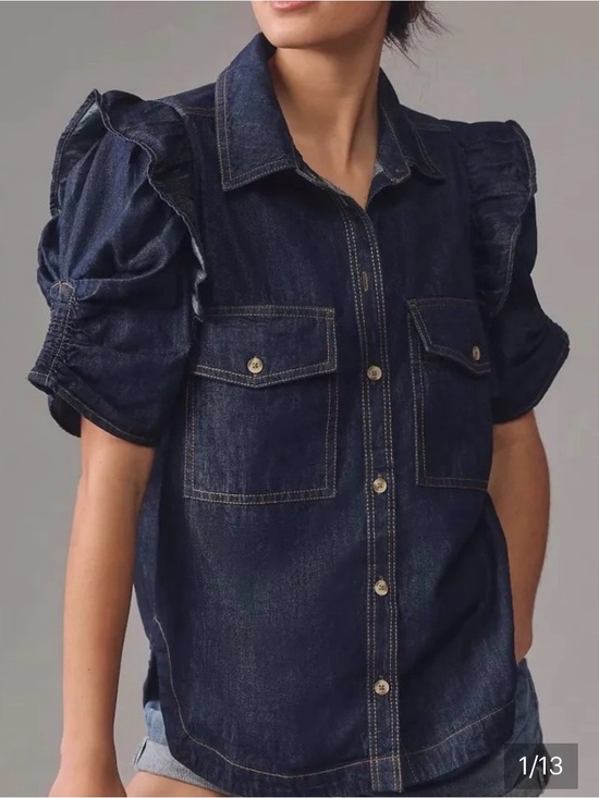 Pilcro Tops - Pilcro The Ozzi Ruffle-Sleeve Denim Buttondown Shirt Navy Size Small